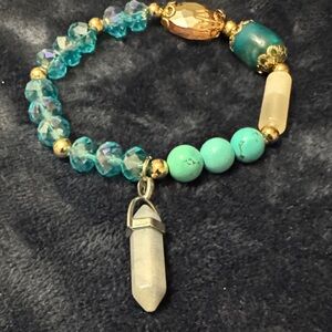 Turquoise and Gold Beaded Bracelet with Quartz Charm